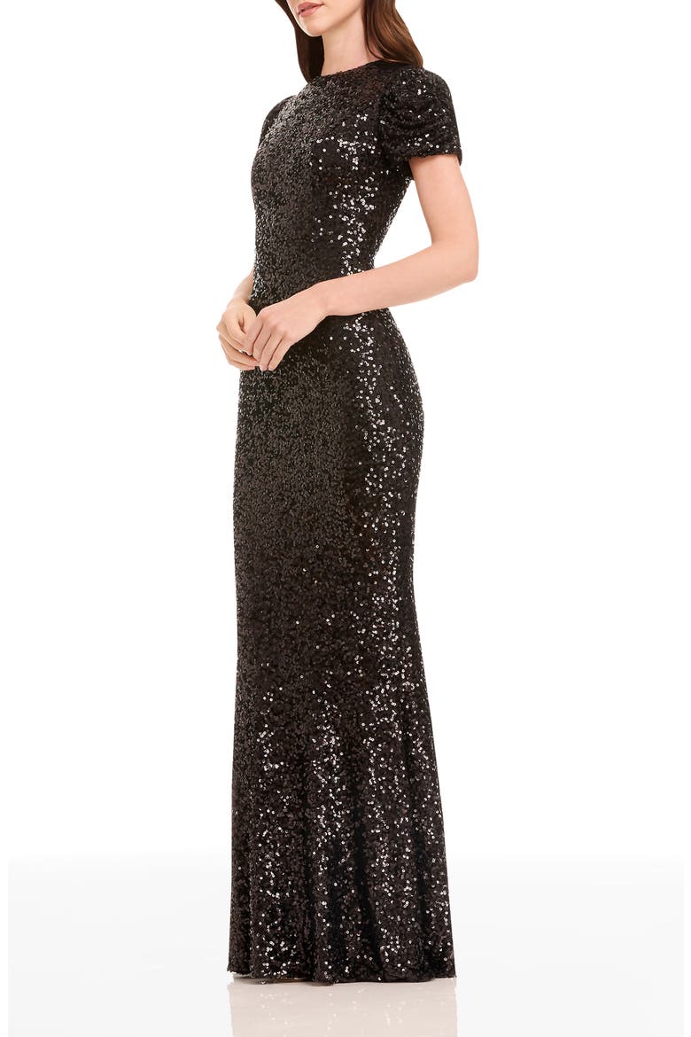 Kenzie Sequin Short Sleeve Mermaid Gown, Alternate, color, BLACK