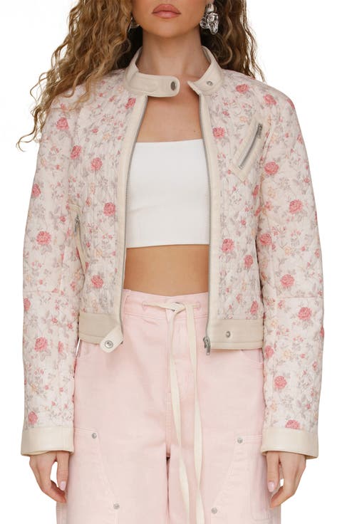 Floral Quilted Faux-Ever Leather™ Trim Crop Moto Jacket