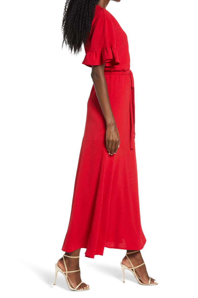 Ruffle Sleeve Faux Wrap Dress, Alternate, color, RED