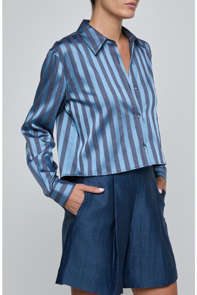 Cosette Stripe High-Low Crop Button-Up Shirt, Alternate, color, BLUE MULTI STRIPE