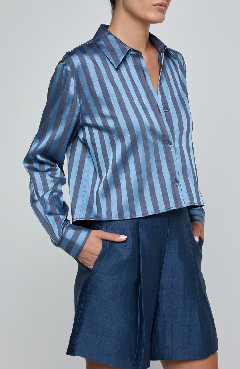 L'AGENCE Cosette Stripe High-Low Crop Button-Up Shirt, Alternate, color, Blue Multi Stripe