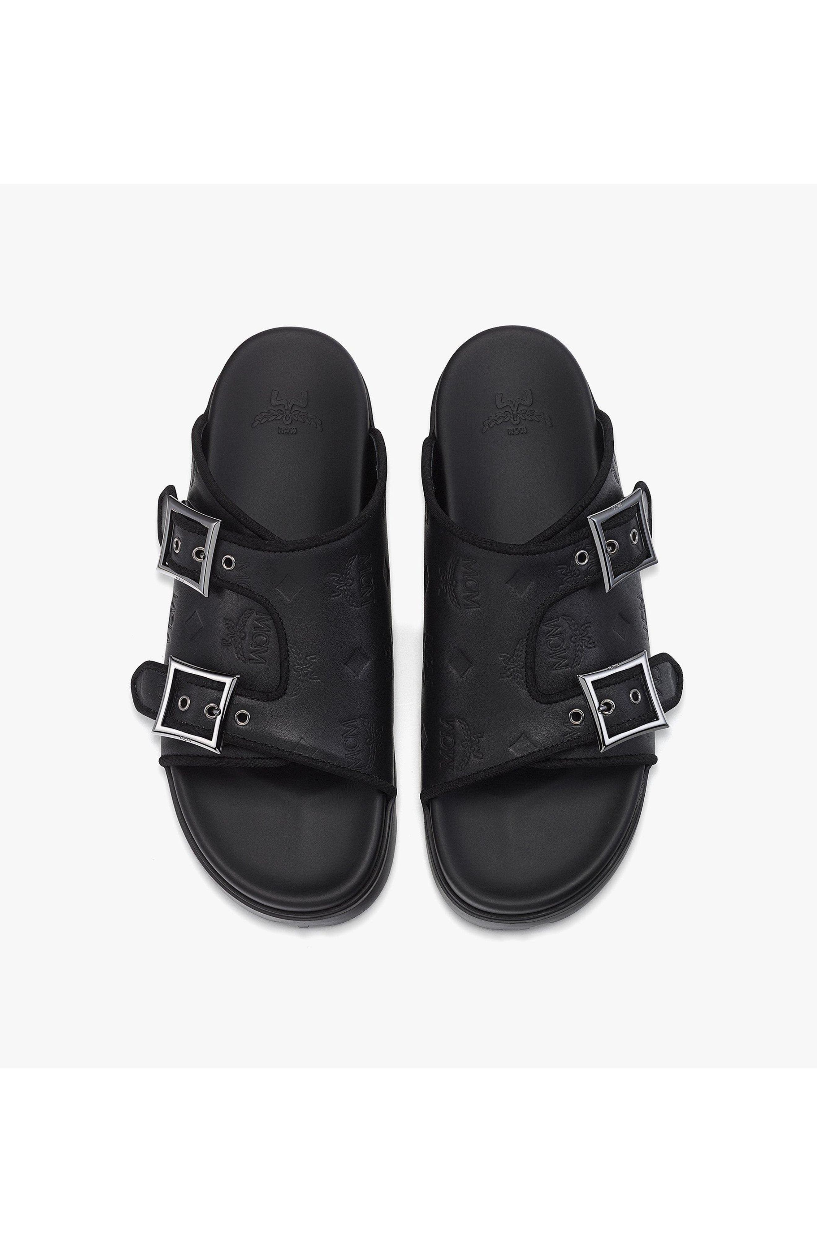 Sandals in Embossed Monogram Leather, Alternate, color, Black