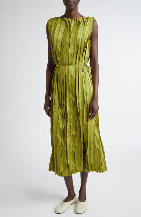 Glossy Pleated Effect Belted Midi Dress