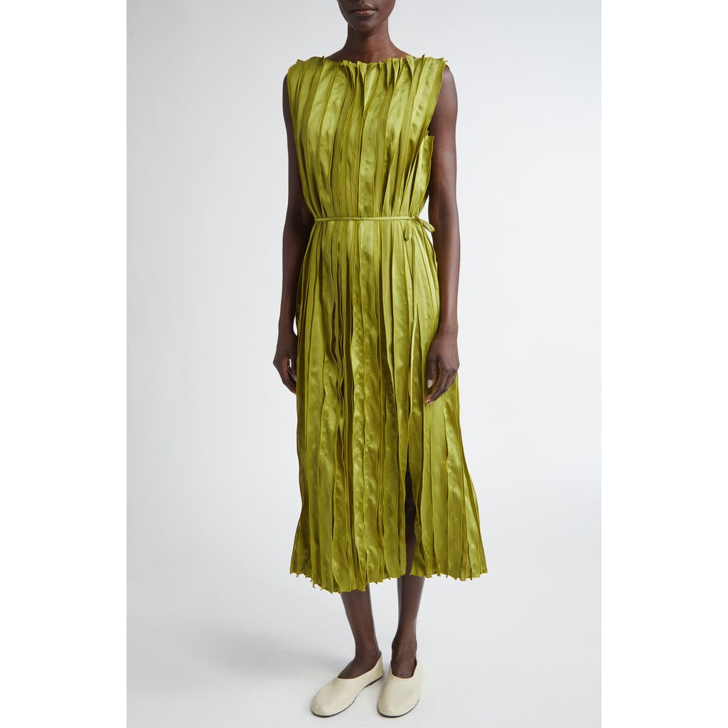 Shop Lafayette 148 New York Glossy Pleated Effect Belted Midi Dress In Kiwi