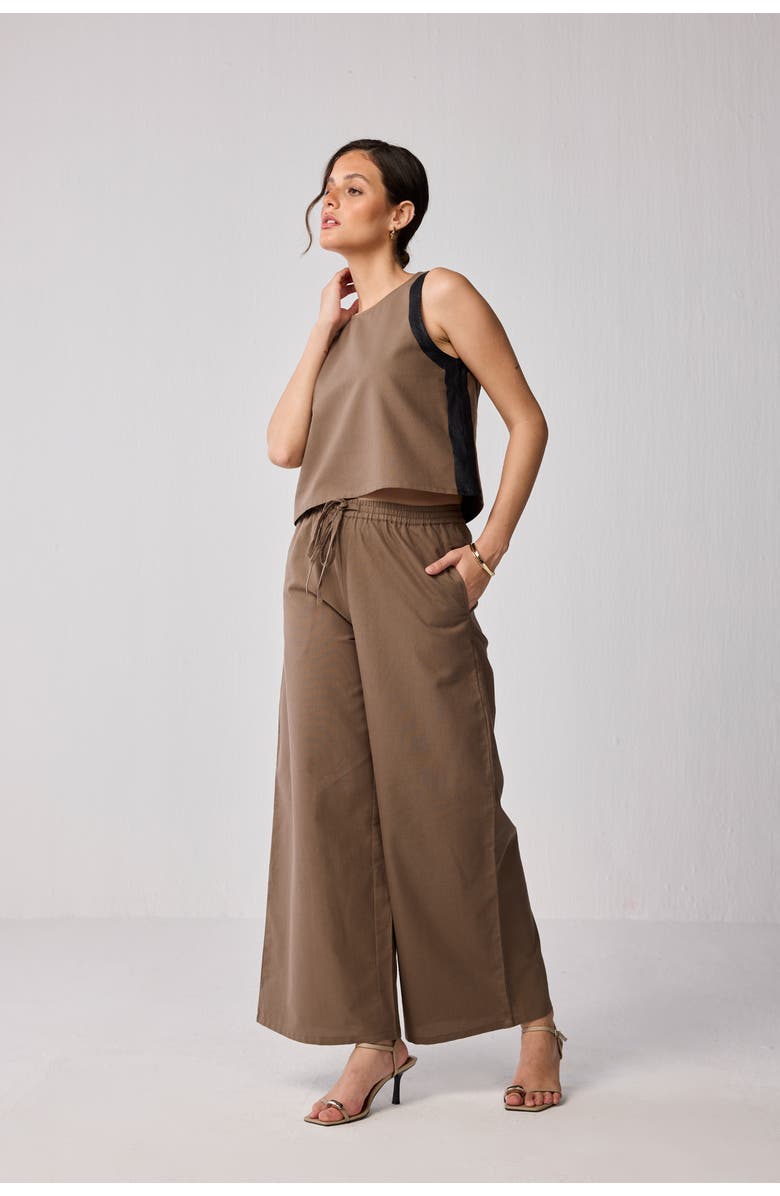 Reistor Matching Set with Wide-Leg Pants and Colorblock Top, Alternate, color, Brown