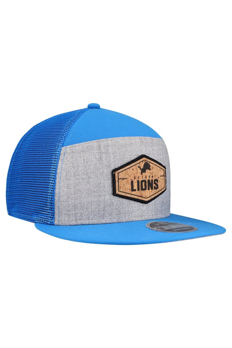 Men's New Era  Gray/Blue Detroit Lions Cork Split Panel 9FIFTY Trucker Snapback Hat, Alternate, color, Gray