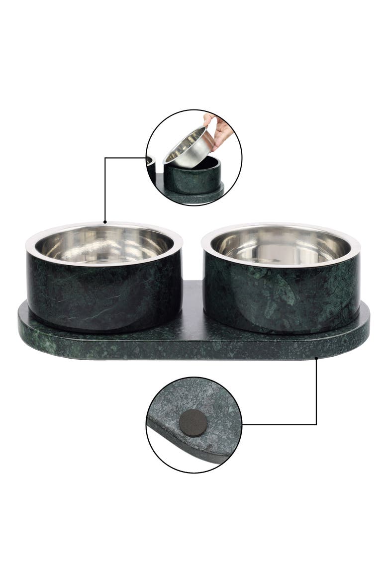 Marbre Modern Weighted Double Marble and Stainless Steel Bowl Feeder with Non-Slip Marble Tray Set, Alternate, color, Green