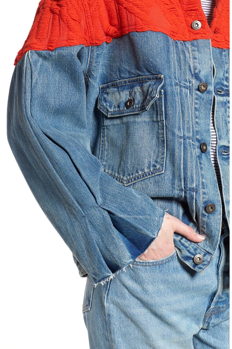 Native Mixed Media Trucker Jacket, Alternate, color, NATIVE BLUES