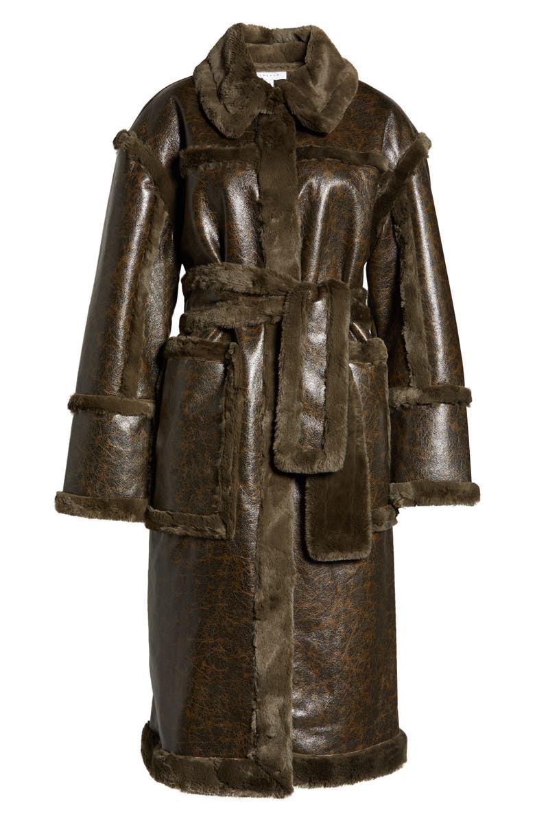 Topshop Belted Long Aviator Coat with Faux Fur Trim, Alternate, color, 