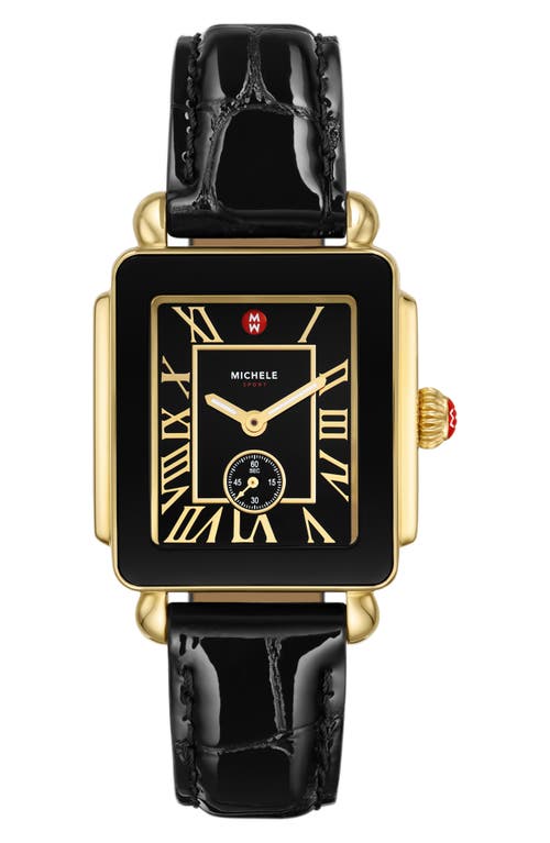 Michele Deco Sport Mid Leather Strap Watch, 29mm X 31mm In Black