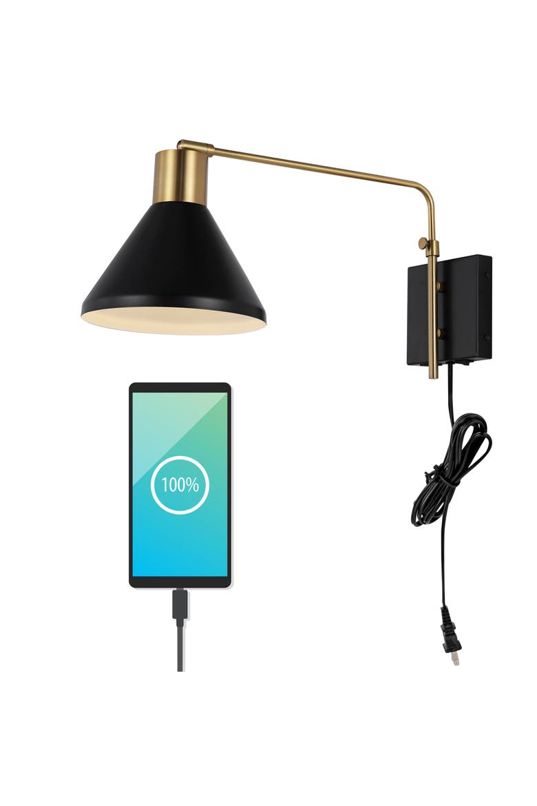Max Swing Arm 1-Light Modern Midcentury Iron USB Charging Port LED Sconce, Main, color, Black