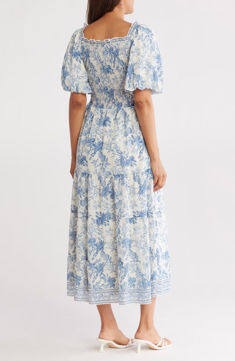 Sky Blue Abstract Print Smocked Waist Puff Half Sleeve Maxi Dress