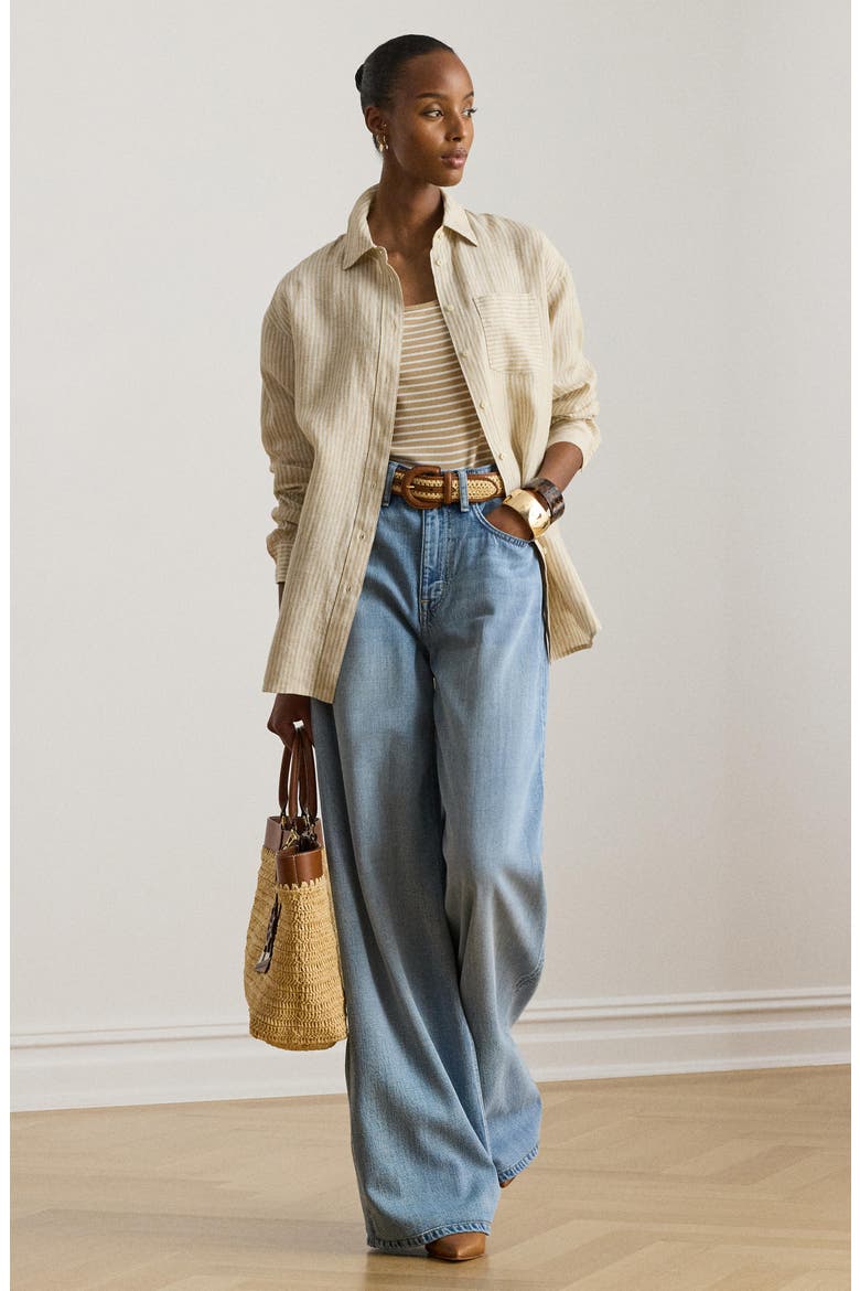 Relaxed Fit Stripe Linen Shirt, Alternate, color, BROWN/ WHITE