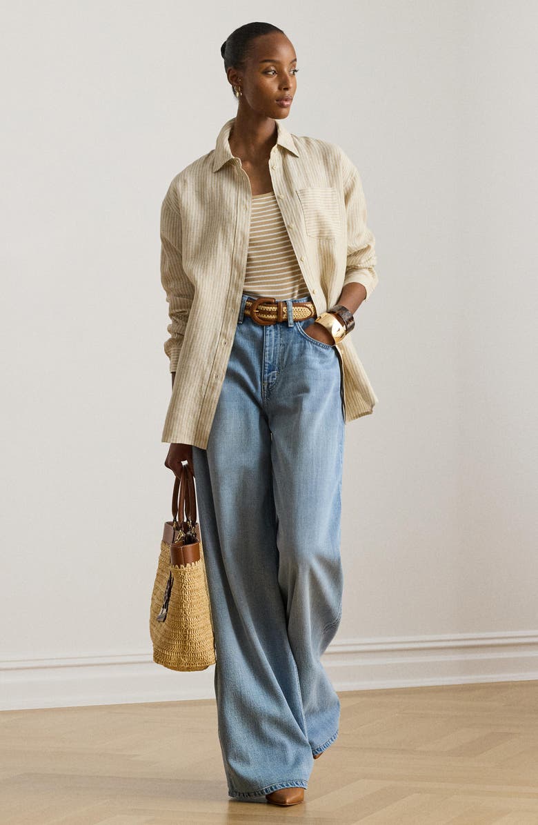 Lauren Ralph Lauren Relaxed Fit Stripe Linen Shirt, Alternate, color, Brown/ White