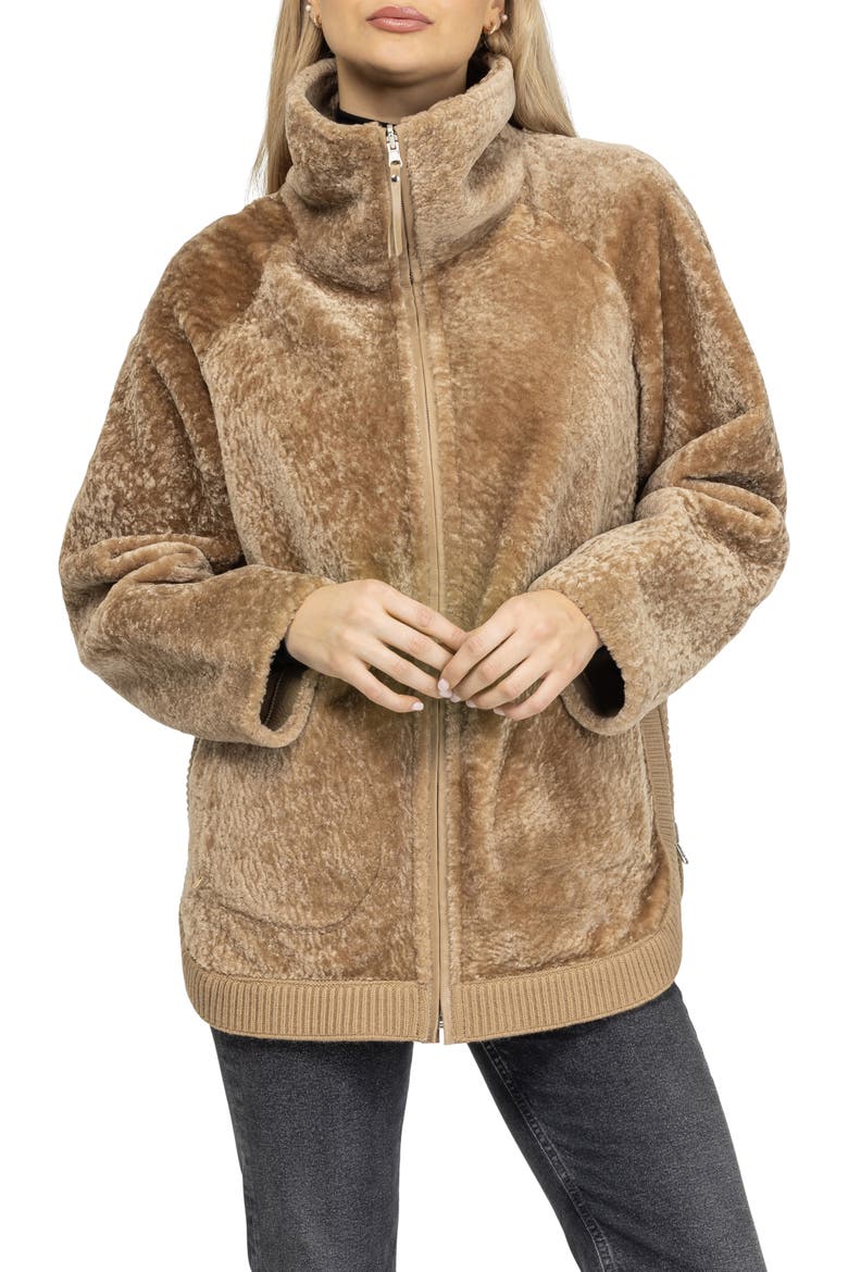Reversible Genuine Shearling Jacket, Stand Collar, Main, color, LATTE