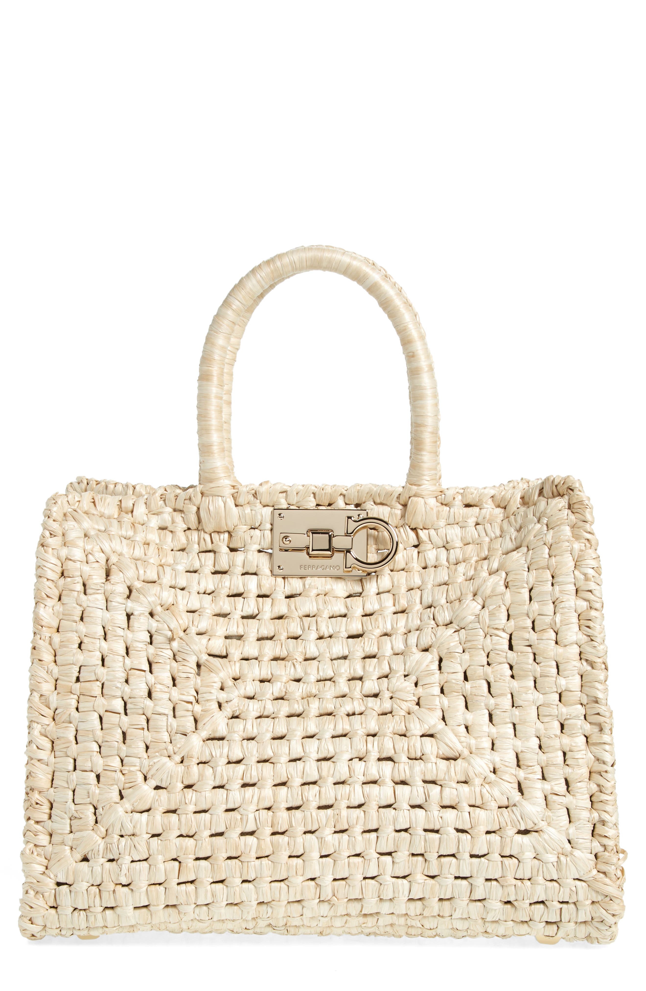 FERRAGAMO Large Raffia Tote, Main, color, 