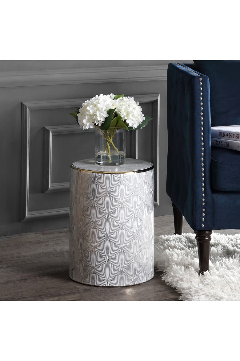 Fish Scale Traditional Floral Chinoiserie Ceramic Drum Garden Stool, Pierced Indoor/Outdoor Patio Seat & Side Table, Alternate, color, White/Gold