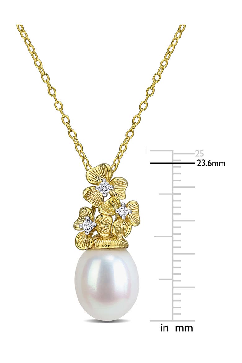 Sterling Silver Lab Created White Sapphire & Imitation Pearl Floral Pendant Necklace, Alternate, color, WHITE GOLD