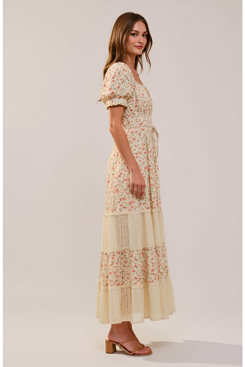 Floral Maxi Dress with Puff Sleeves Smocked Waist and Tiered Skirt, Alternate, color, Floral