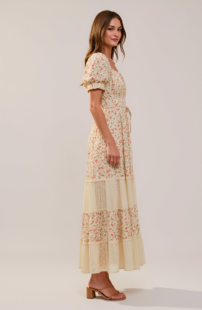 Modenaire Floral Maxi Dress with Puff Sleeves Smocked Waist and Tiered Skirt, Alternate, color, 