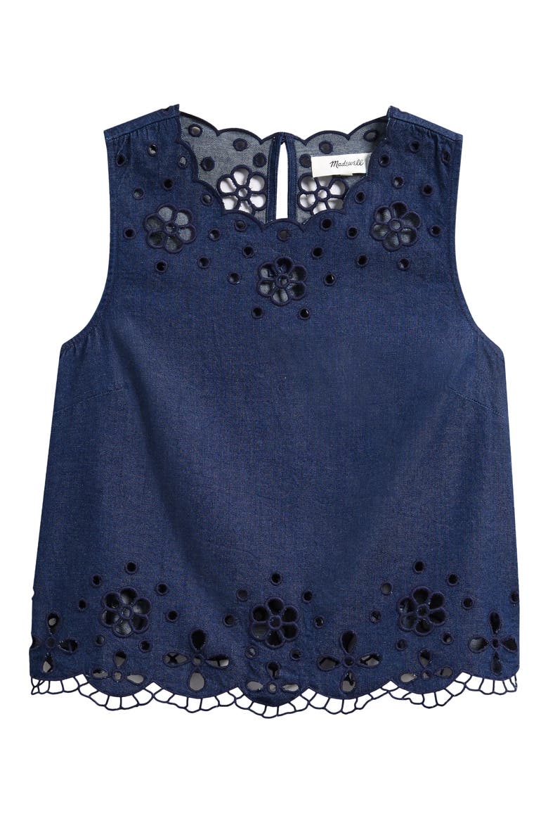 Embroidered Sleeveless Denim Shell Top, Alternate, color, MARFIELD WASH