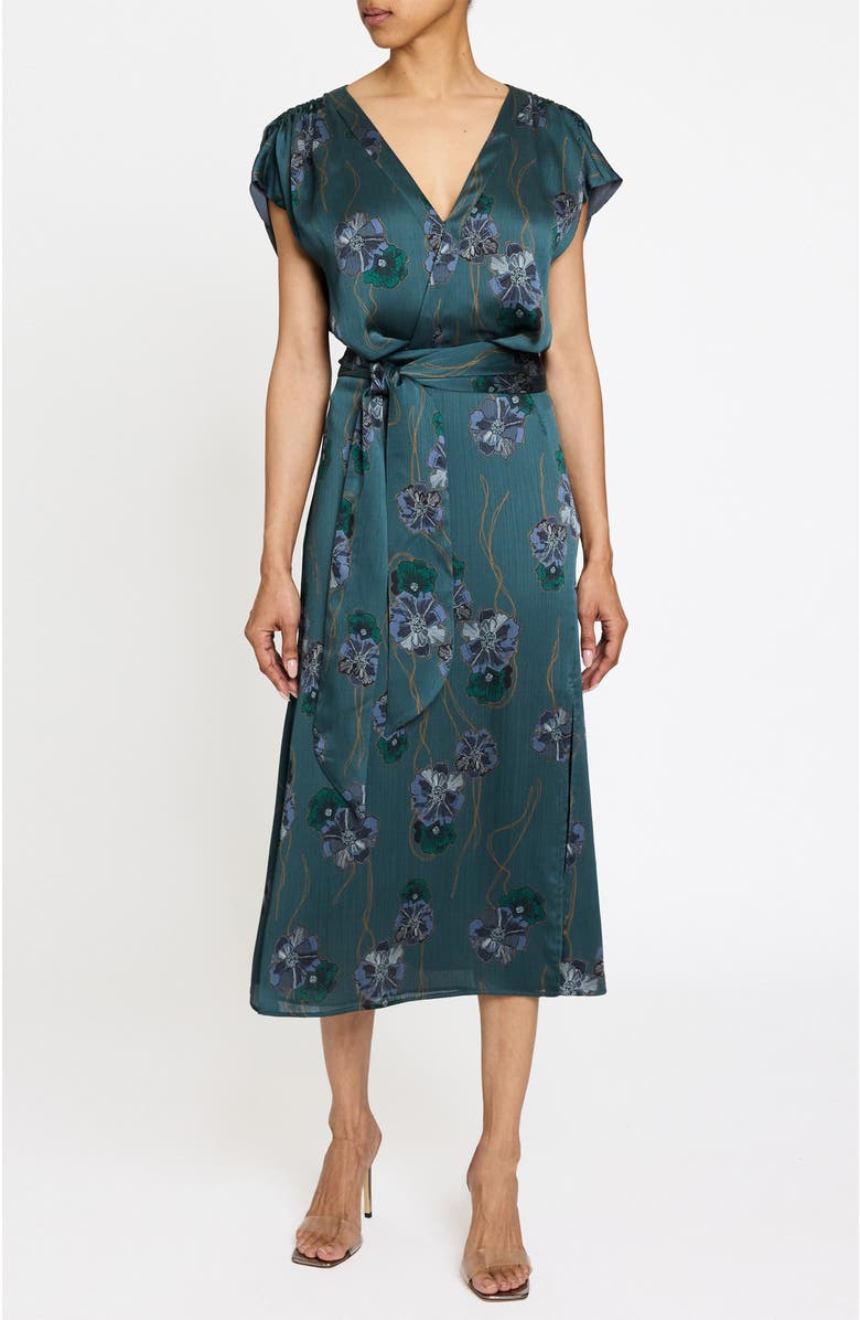 Santorelli Fara Faux Wrap Midi Dress in Printed Crepe Georgette, Main, color, Steel Teal