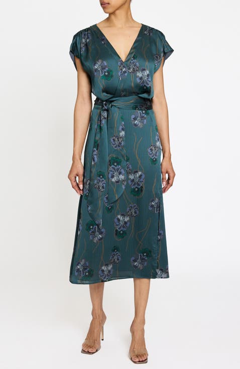 Fara Faux Wrap Midi Dress in Printed Crepe Georgette