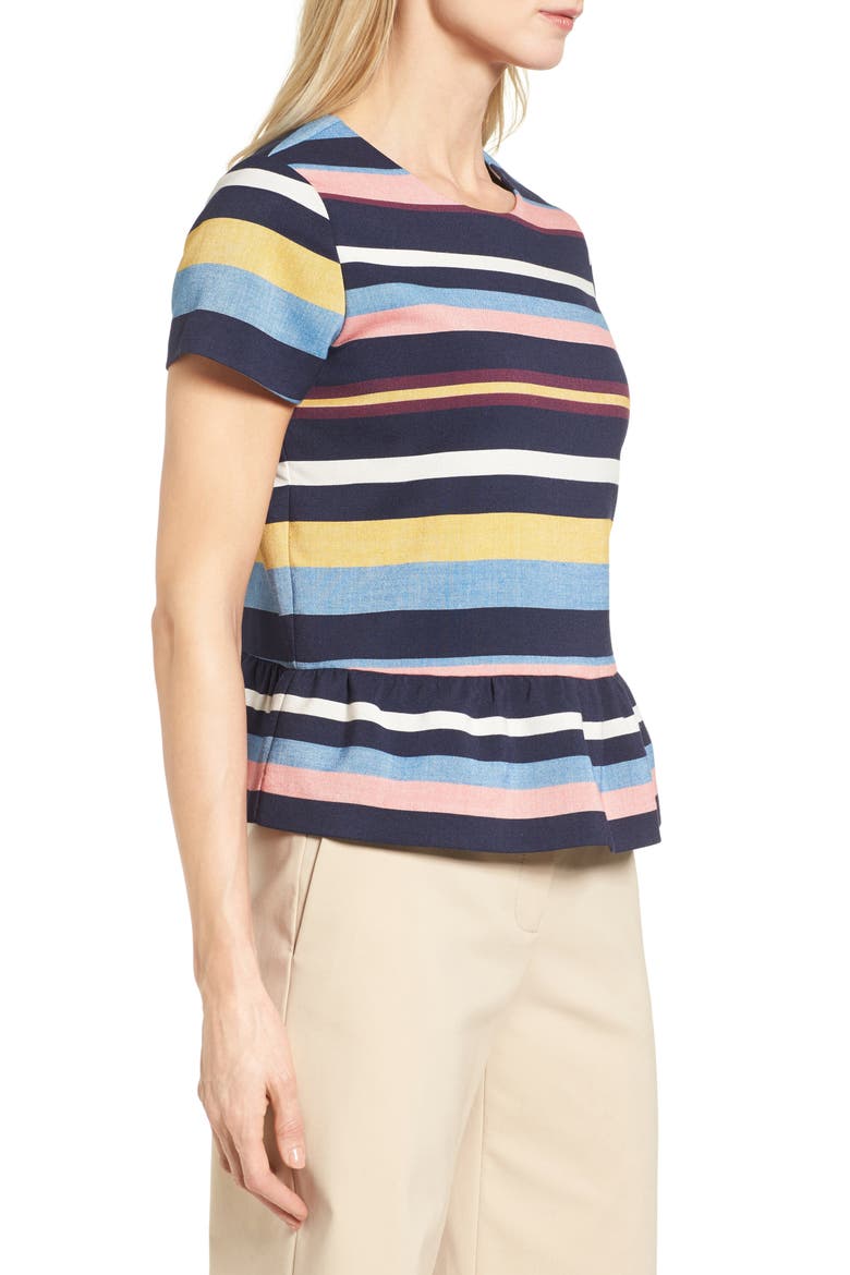 SHORT SLEEVE PEPLUM TOP, Alternate, color, NAVY- CORAL STRIPE