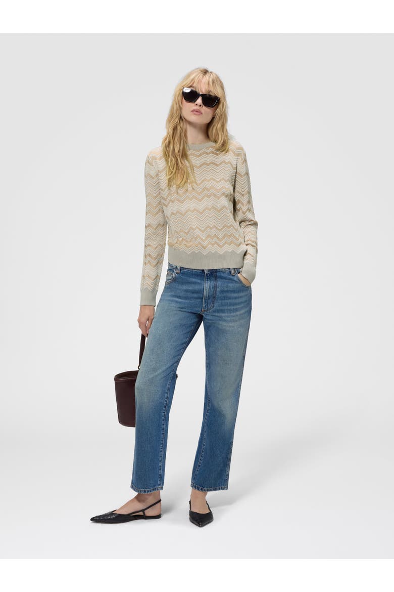 Zig Zag Viscose And Wool Crewneck Sweater, Alternate, color, Beige