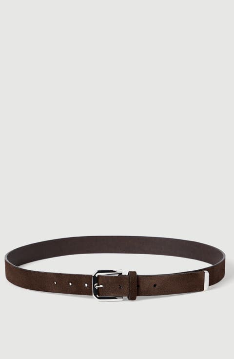 Reversed leather belt with square buckle and tip