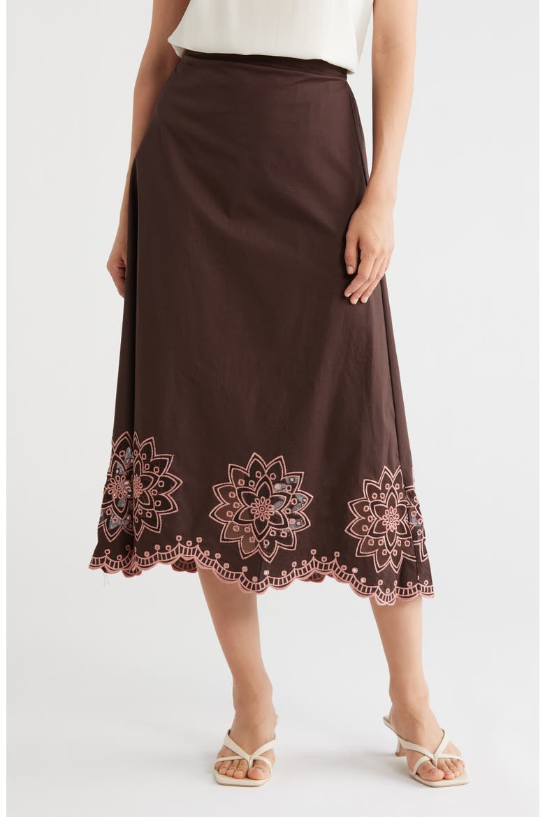 Contrast Embroidered A-Line Midi Skirt, Main, color, COCOA BEAN/ CREAM