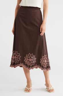 Contrast Embroidered A-Line Midi Skirt