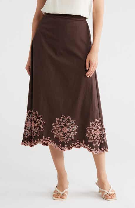 Contrast Embroidered A-Line Midi Skirt
