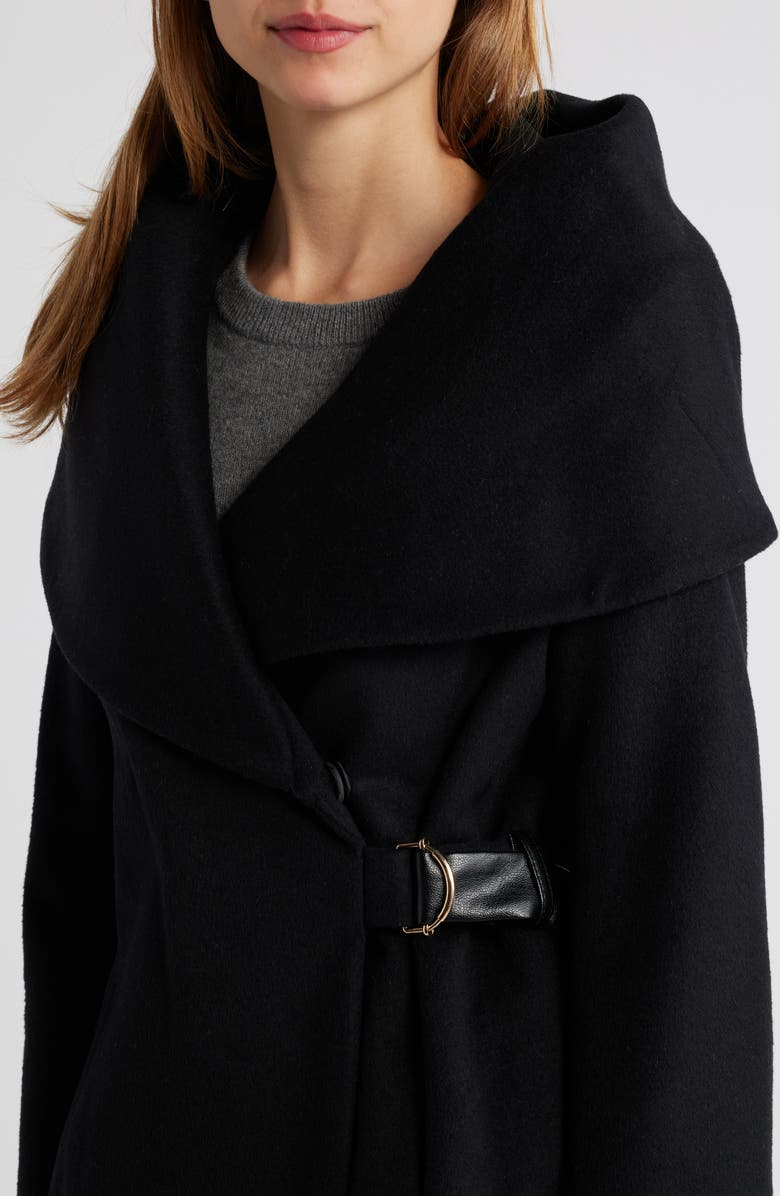 Via Spiga Hooded Wool Blend Belted Coat, Alternate, color, Black