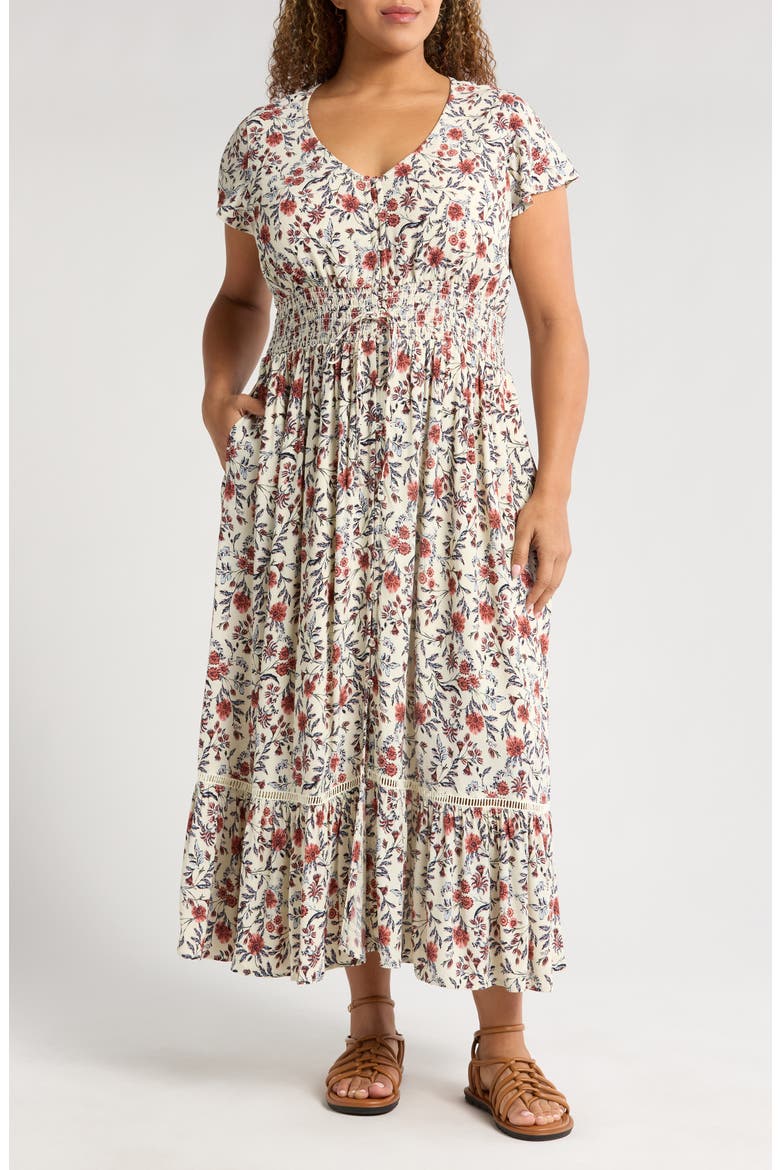 Smocked Waist Maxi Dress, Main, color, IVORY- PINK FLEURETTE
