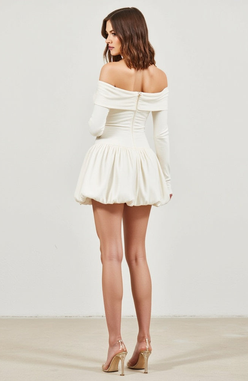 Modenaire Off-shoulder Long-sleeve Mini Dress With Bubble Hem In White