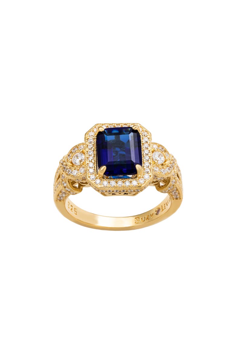 Emerald Cut Cubic Zirconia Halo Engagement Ring, Alternate, color, BLUE