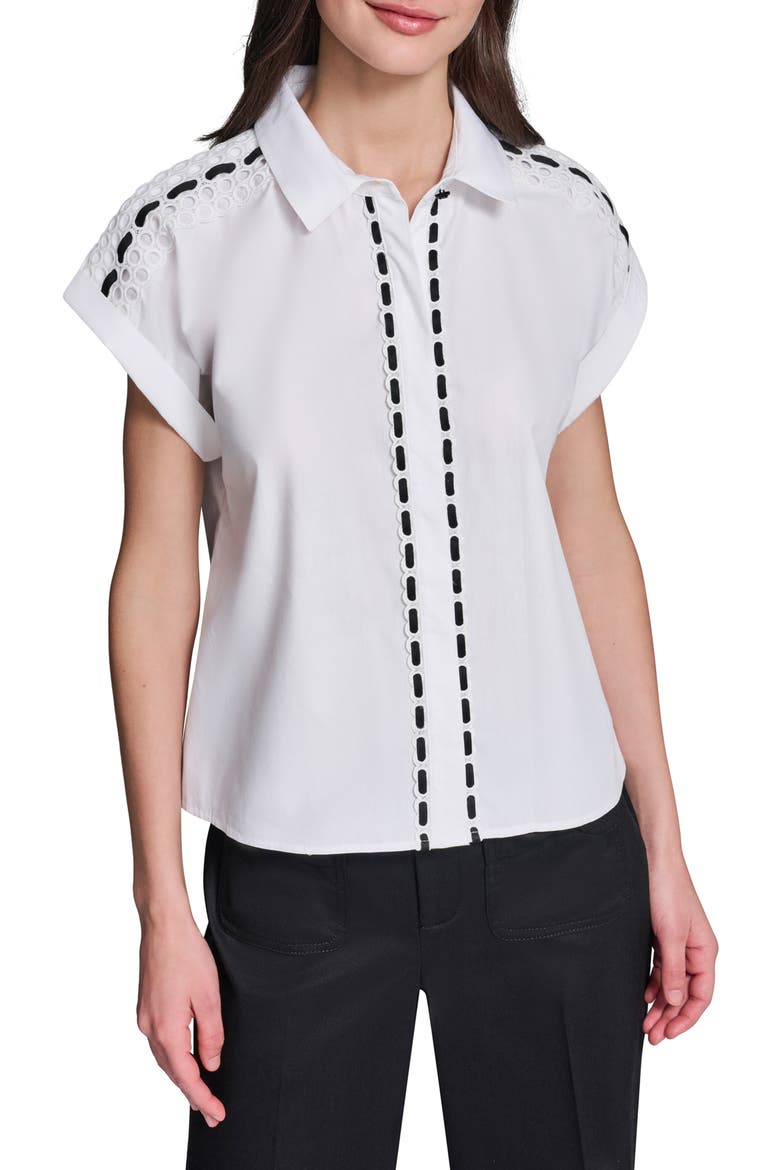 Button-Up Eyelet Top, Main, color, WHITE