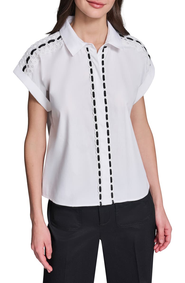 KARL LAGERFELD PARIS Button-Up Eyelet Top, Main, color, 