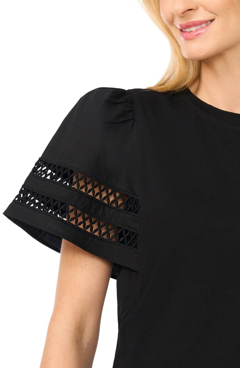 CeCe Embroidered Detail Short Sleeve Cotton Top, Alternate, color, Rich Black