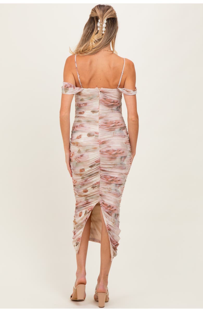 PinkBlush Rose Floral Mesh Ruched Off Shoulder Midi Dress, Alternate, color, 
