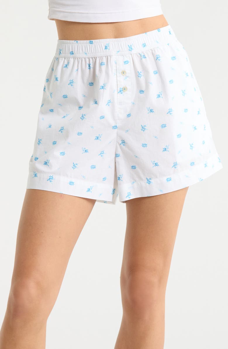 Open Edit Oversize Boyfriend Boxer Shorts, Main, color, White- Blue Sabrina Ditsy