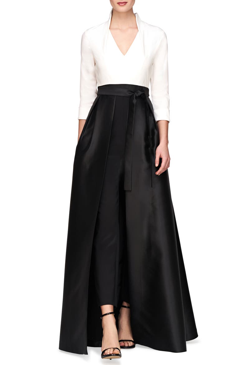 Sharon Tie Belt Three-Quarter Sleeve Satin Maxi Jumpsuit, Main, color, WHITE BLACK