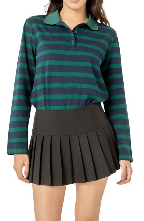 Striped Long Sleeve Polo Knit Top