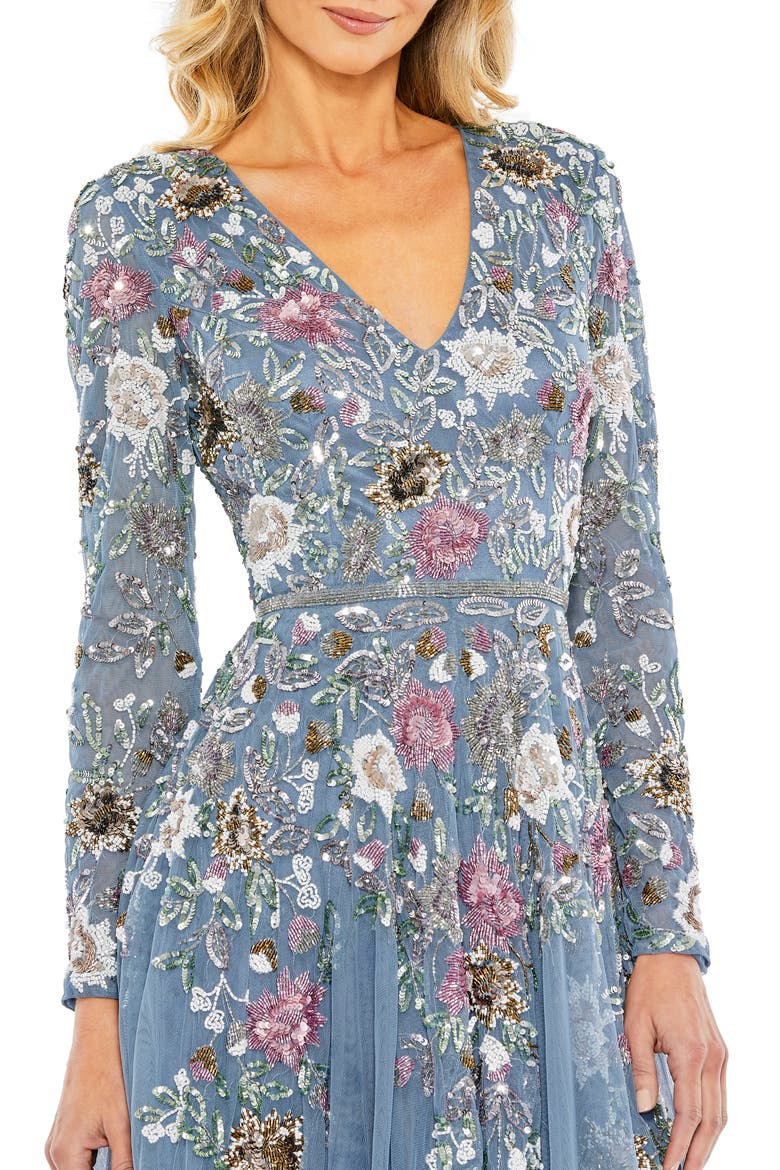 Hand Embellished Floral V Neck Long Sleeve Dress, Alternate, color, Slate Blue Multi