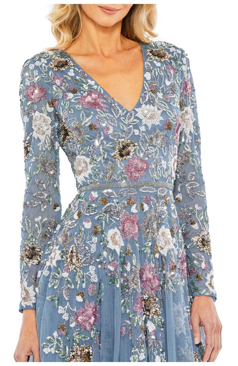 Mac Duggal Hand Embellished Floral V Neck Long Sleeve Dress, Alternate, color, Slate Blue Multi