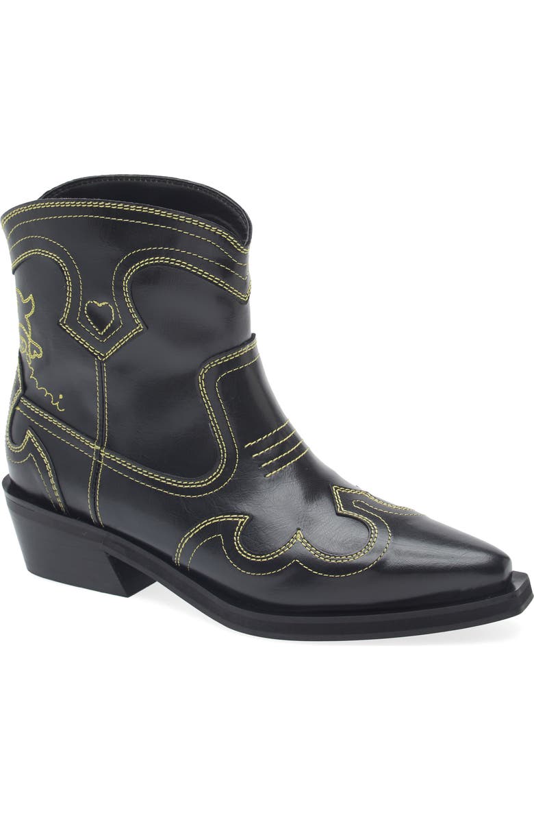 Ganni Embroidered Western Bootie, Main, color, Blazing Yellow