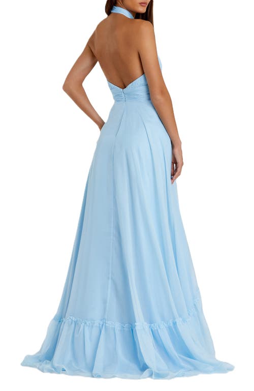 Mac Duggal High Neck Tiered Chiffon Halter Gown In Sky Blue