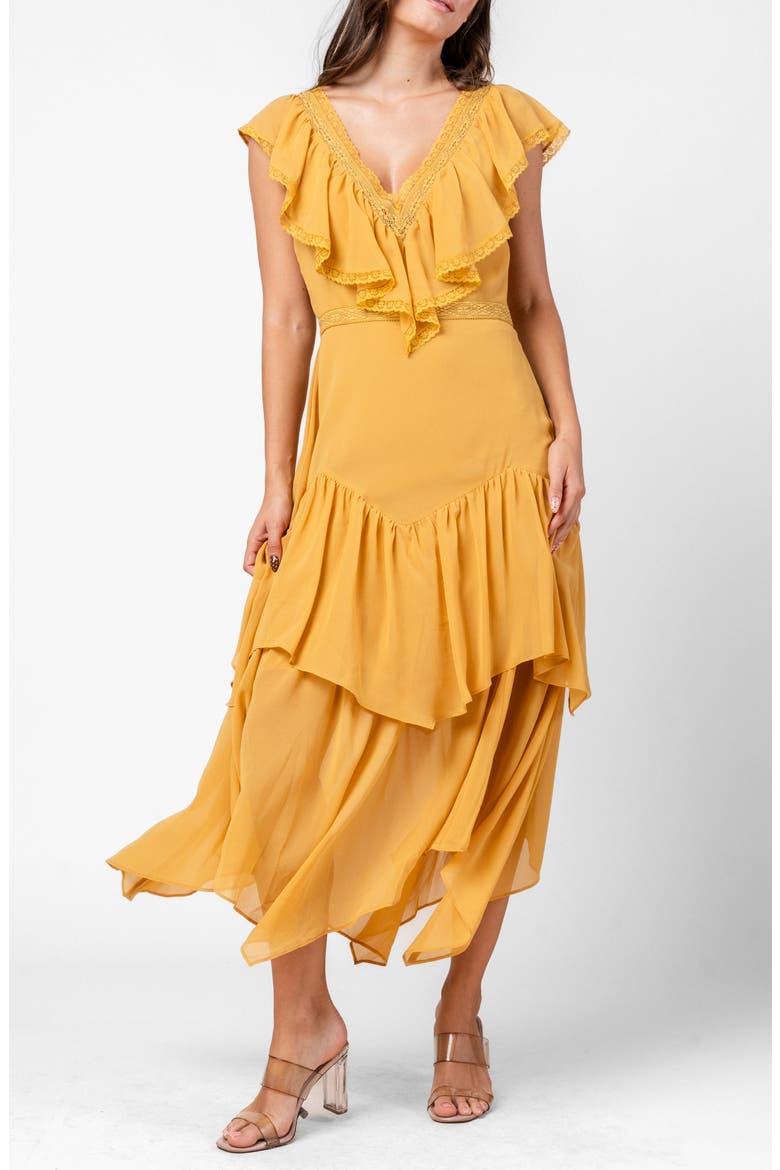Ruffle Cascade Chiffon Dress, Main, color, AMBER HAZE