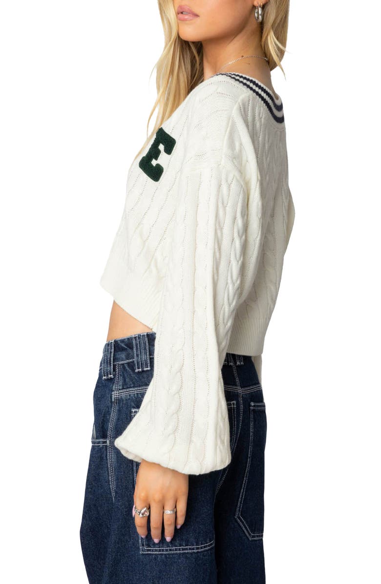 EDIKTED V-Neck Crop Cable Sweater, Alternate, color, Cream